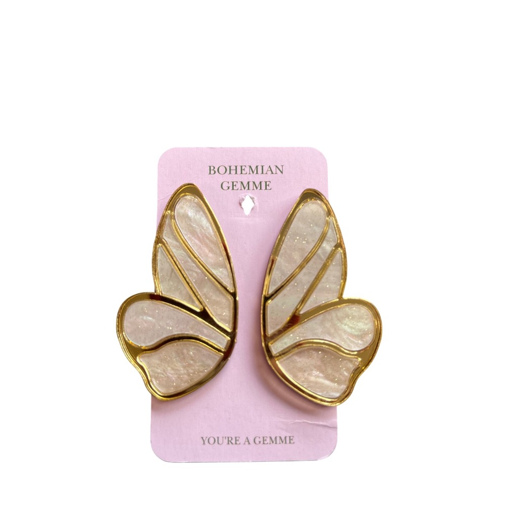 Bohemian Gemme Gold Iridescent Butterfly Wing Statement Stud Earrings New‎